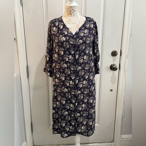 Vintage Navy Blue Floral Summer Dress- L/XL